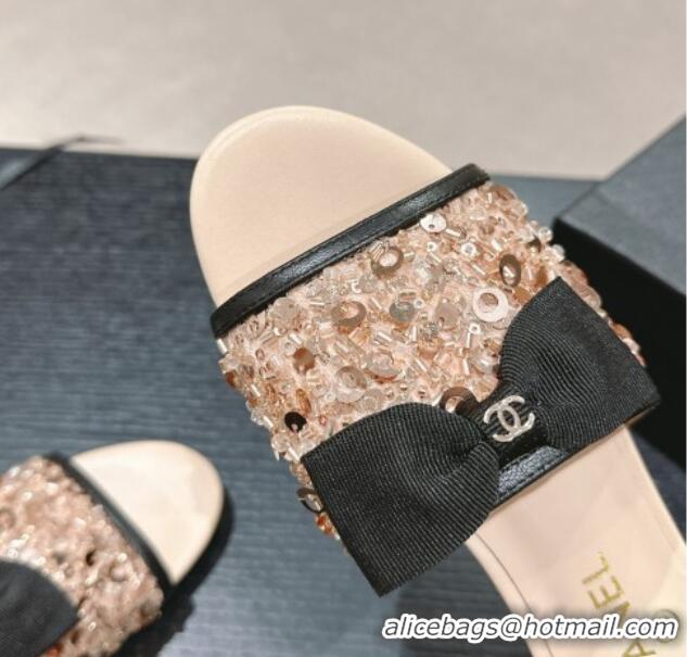 Pretty Style Chanel Strass and Sequins Flat Slides Sandal with Bow G45691 Beige 601062