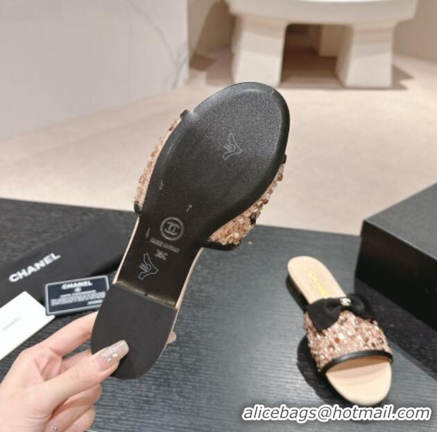 Pretty Style Chanel Strass and Sequins Flat Slides Sandal with Bow G45691 Beige 601062