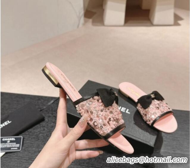 Lowest Price Chanel Strass and Sequins Flat Slides Sandal with Bow G45691 Pink 601063