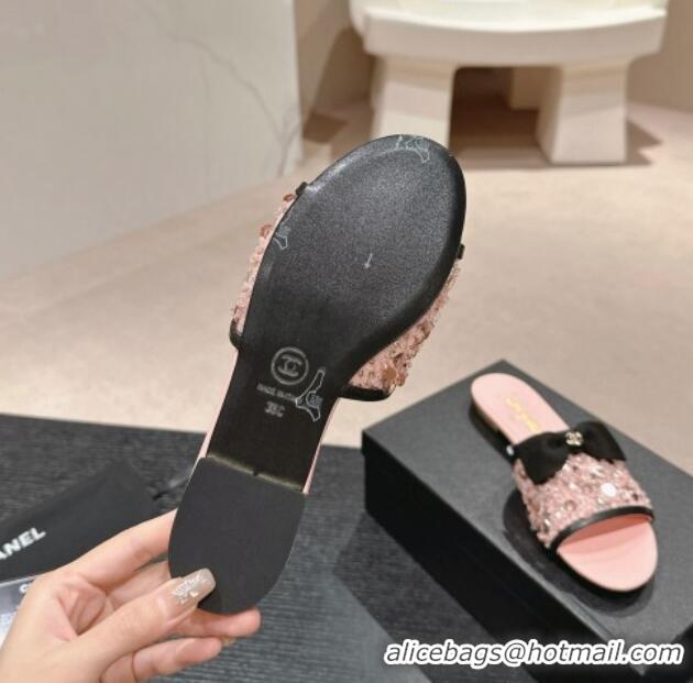 Lowest Price Chanel Strass and Sequins Flat Slides Sandal with Bow G45691 Pink 601063