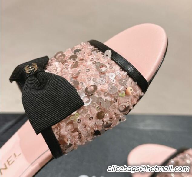 Lowest Price Chanel Strass and Sequins Flat Slides Sandal with Bow G45691 Pink 601063