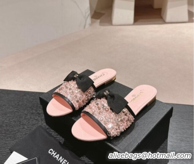 Lowest Price Chanel Strass and Sequins Flat Slides Sandal with Bow G45691 Pink 601063