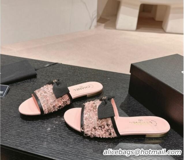 Lowest Price Chanel Strass and Sequins Flat Slides Sandal with Bow G45691 Pink 601063