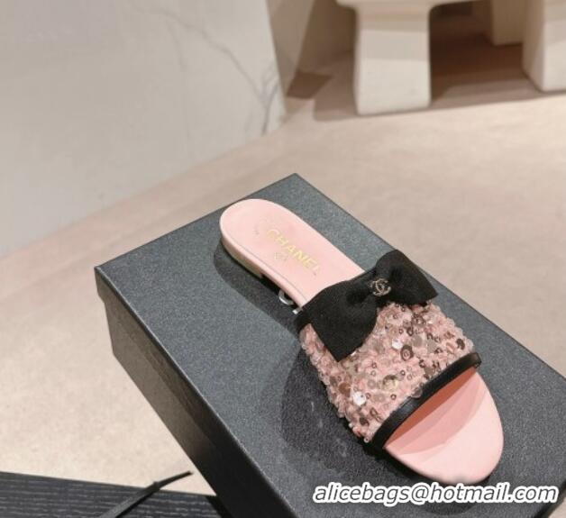 Lowest Price Chanel Strass and Sequins Flat Slides Sandal with Bow G45691 Pink 601063