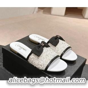 Top Design Chanel Strass and Sequins Flat Slides Sandal with Bow G45691 White 601064