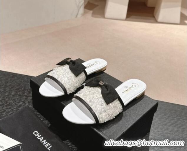 Top Design Chanel Strass and Sequins Flat Slides Sandal with Bow G45691 White 601064