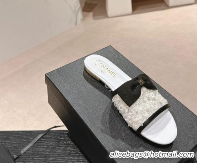 Top Design Chanel Strass and Sequins Flat Slides Sandal with Bow G45691 White 601064