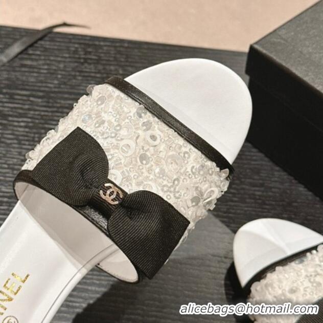 Top Design Chanel Strass and Sequins Flat Slides Sandal with Bow G45691 White 601064