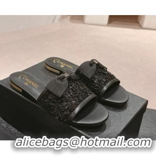 Pretty Style Chanel Strass and Sequins Flat Slides Sandal with Bow G45691 Black 601065