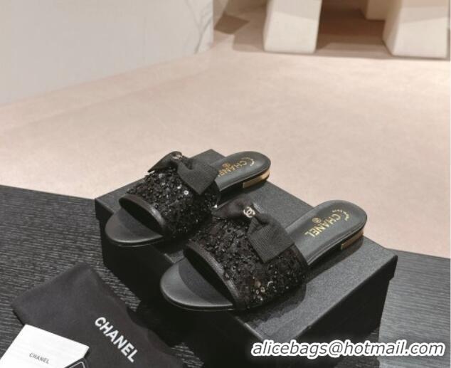 Pretty Style Chanel Strass and Sequins Flat Slides Sandal with Bow G45691 Black 601065