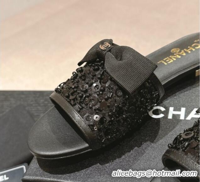 Pretty Style Chanel Strass and Sequins Flat Slides Sandal with Bow G45691 Black 601065