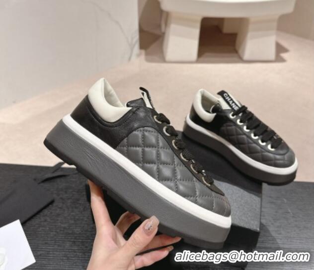 Shop Duplicate Chanel Quilted Lambskin Platform Sneakers Dark Grey 601066