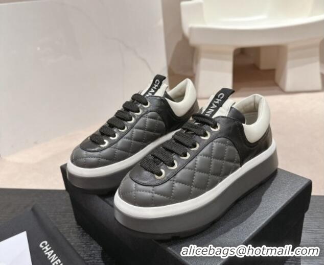 Shop Duplicate Chanel Quilted Lambskin Platform Sneakers Dark Grey 601066