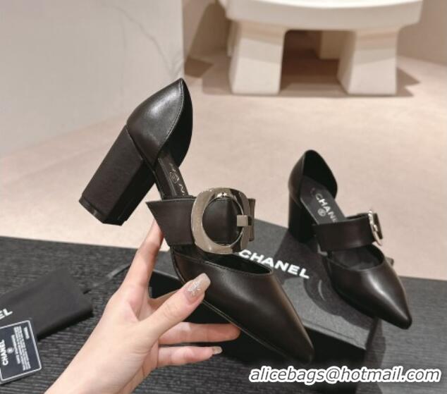 Top Grade Chanel Calfskin Mary Janes Pumps 7cm with Strap Buckle Black 601068