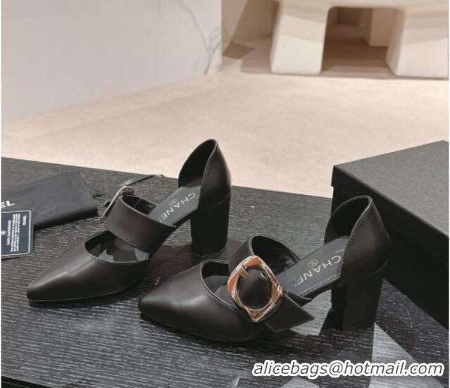 Top Grade Chanel Calfskin Mary Janes Pumps 7cm with Strap Buckle Black 601068