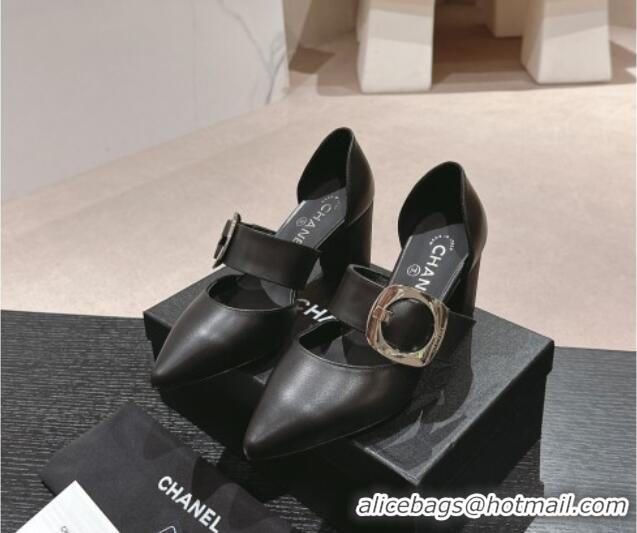 Top Grade Chanel Calfskin Mary Janes Pumps 7cm with Strap Buckle Black 601068