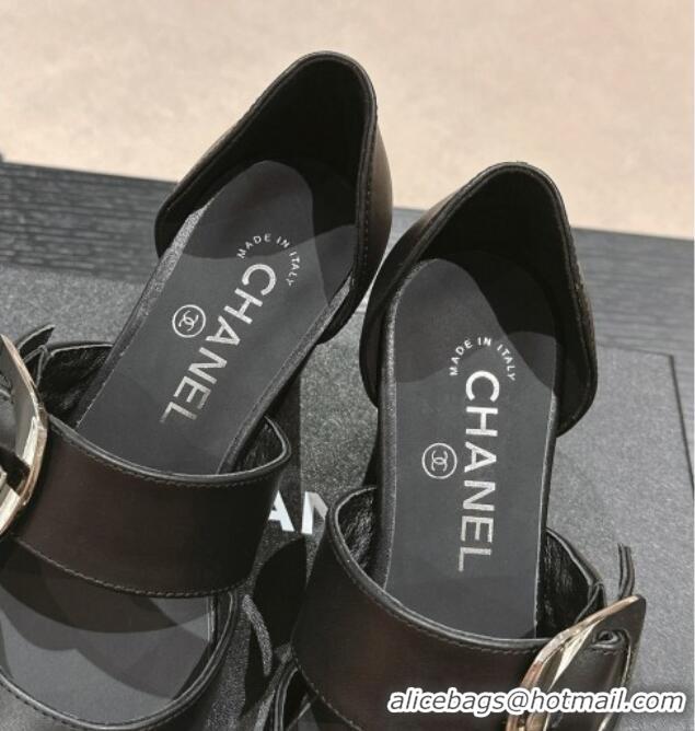 Top Grade Chanel Calfskin Mary Janes Pumps 7cm with Strap Buckle Black 601068