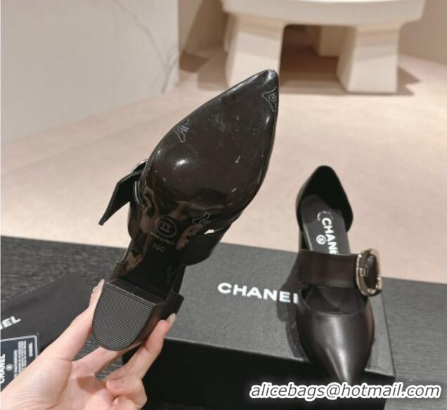 Top Grade Chanel Calfskin Mary Janes Pumps 7cm with Strap Buckle Black 601068