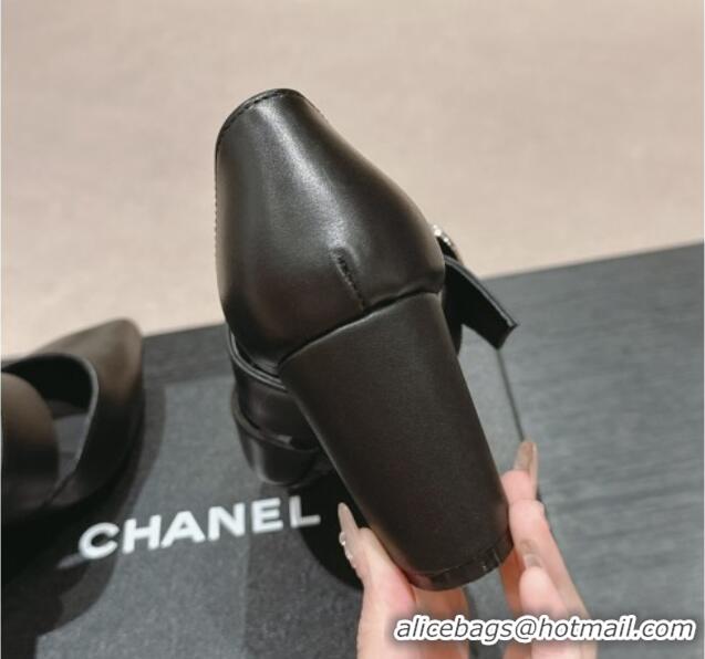 Top Grade Chanel Calfskin Mary Janes Pumps 7cm with Strap Buckle Black 601068