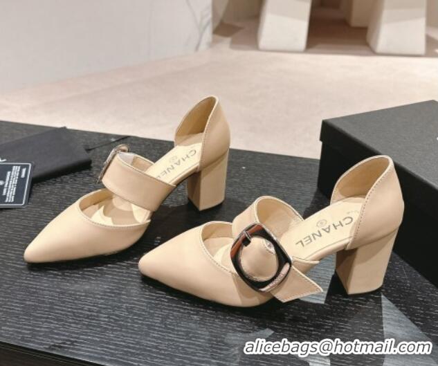 Durable Chanel Calfskin Mary Janes Pumps 7cm with Strap Buckle Beige 601069