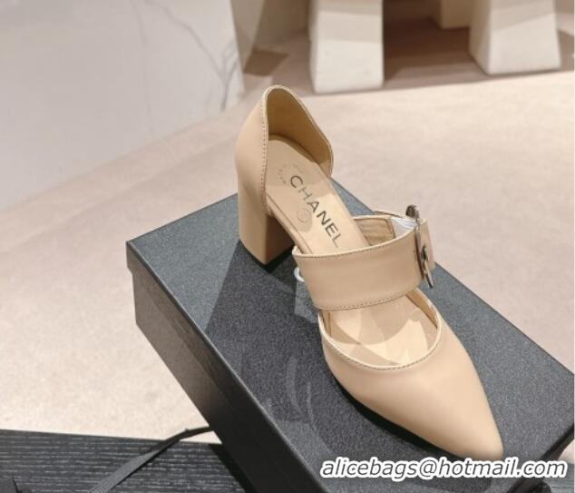 Durable Chanel Calfskin Mary Janes Pumps 7cm with Strap Buckle Beige 601069