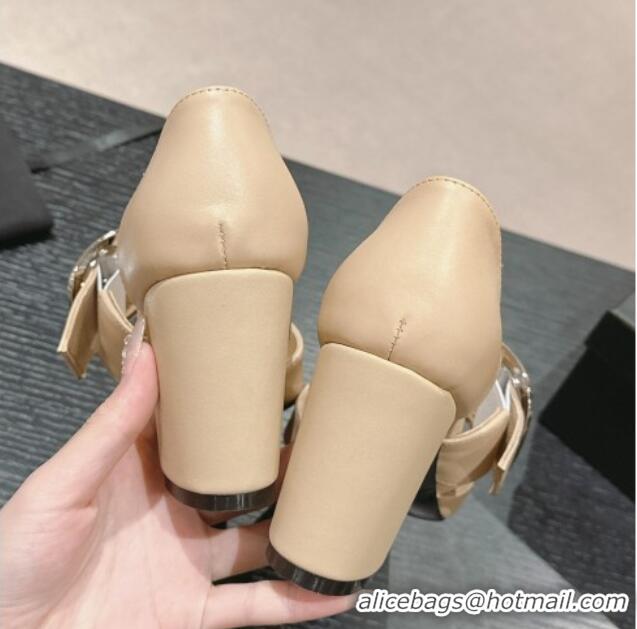 Durable Chanel Calfskin Mary Janes Pumps 7cm with Strap Buckle Beige 601069