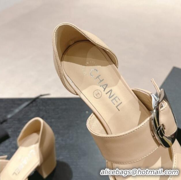 Durable Chanel Calfskin Mary Janes Pumps 7cm with Strap Buckle Beige 601069