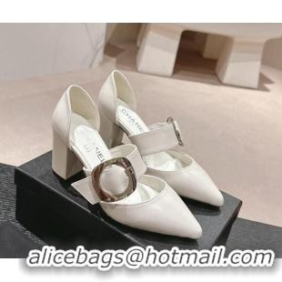 Best Grade Chanel Calfskin Mary Janes Pumps 7cm with Strap Buckle White 601070