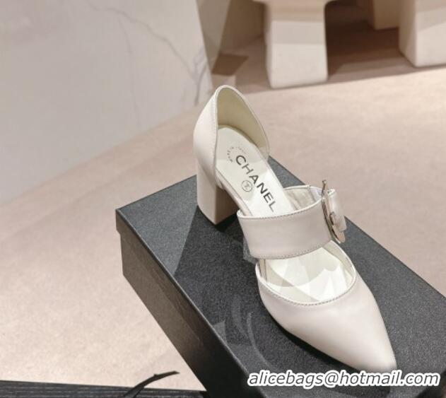 Best Grade Chanel Calfskin Mary Janes Pumps 7cm with Strap Buckle White 601070