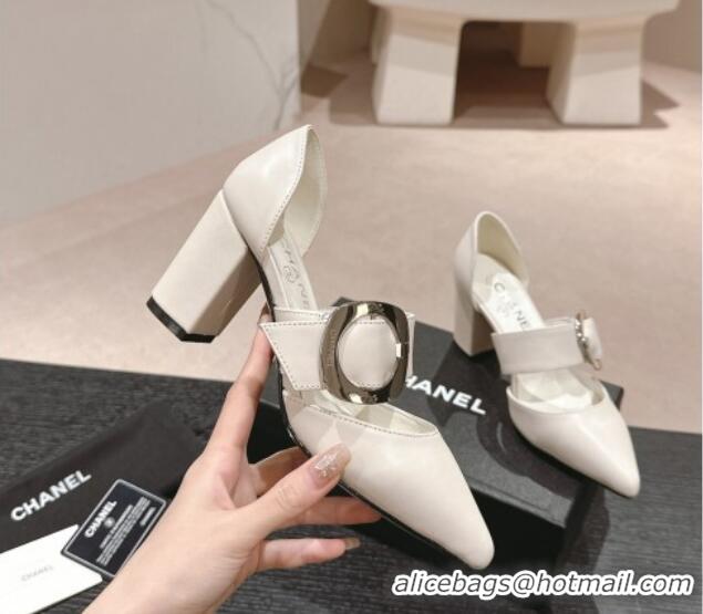 Best Grade Chanel Calfskin Mary Janes Pumps 7cm with Strap Buckle White 601070