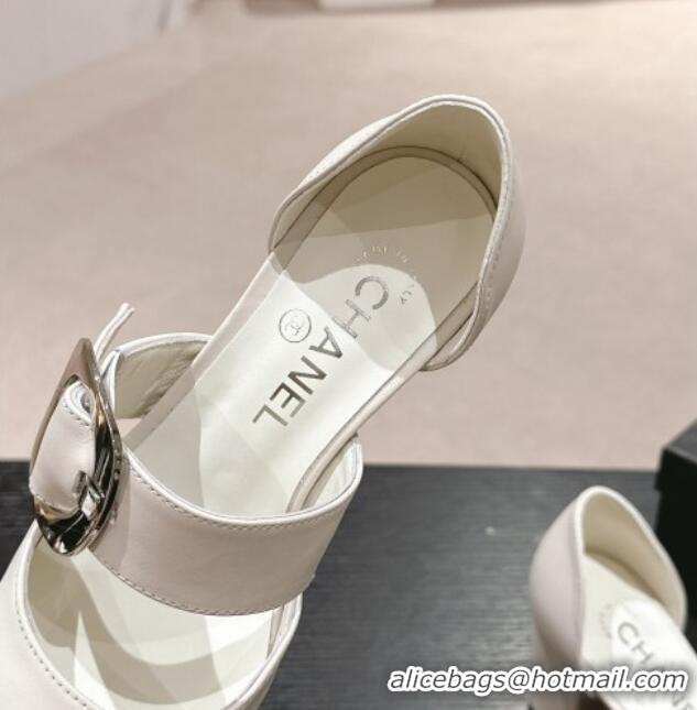 Best Grade Chanel Calfskin Mary Janes Pumps 7cm with Strap Buckle White 601070