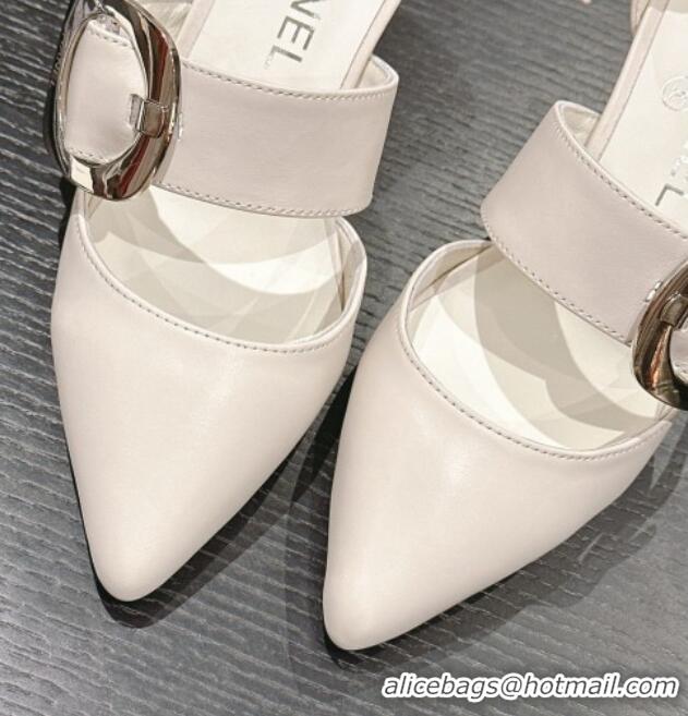 Best Grade Chanel Calfskin Mary Janes Pumps 7cm with Strap Buckle White 601070