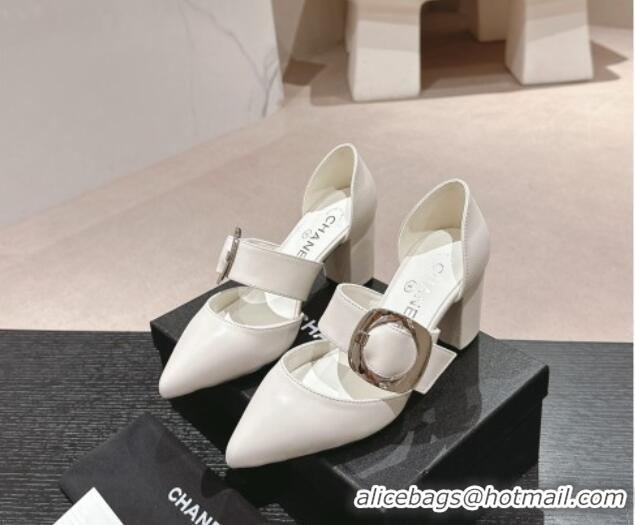 Best Grade Chanel Calfskin Mary Janes Pumps 7cm with Strap Buckle White 601070