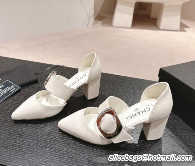 Best Grade Chanel Calfskin Mary Janes Pumps 7cm with Strap Buckle White 601070