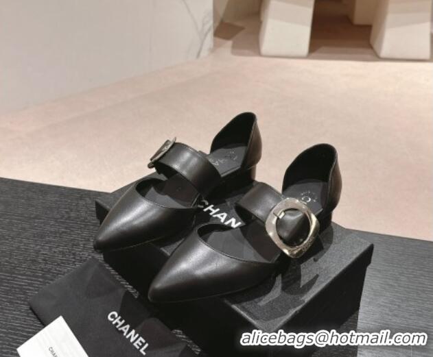 Good Looking Chanel Calfskin Mary Janes Ballet Flat with Strap Buckle Black 601071