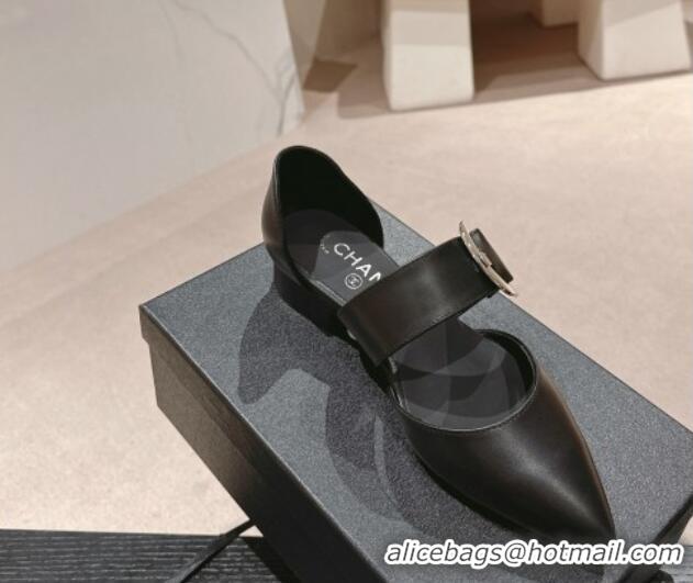 Good Looking Chanel Calfskin Mary Janes Ballet Flat with Strap Buckle Black 601071