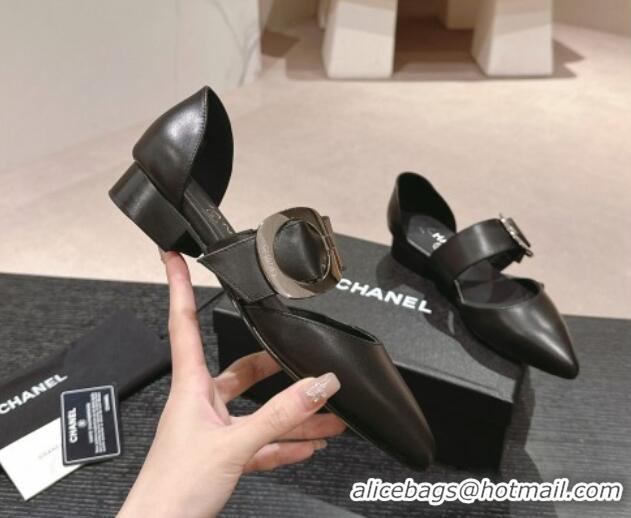 Good Looking Chanel Calfskin Mary Janes Ballet Flat with Strap Buckle Black 601071