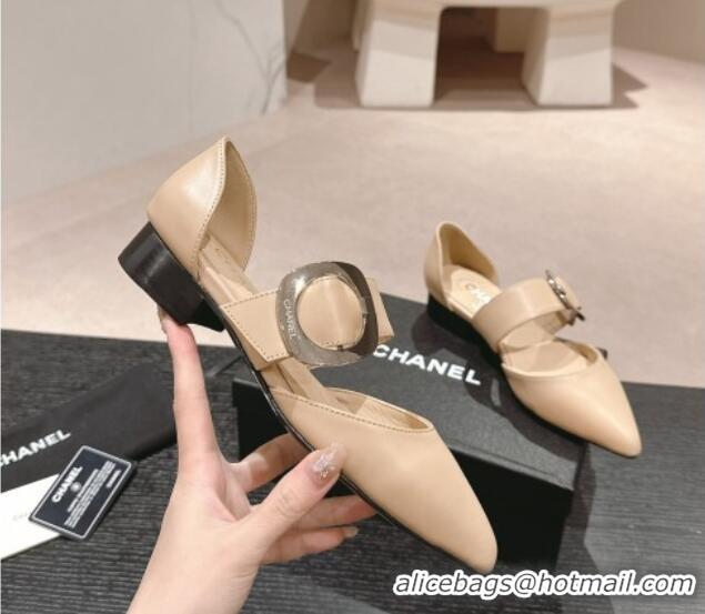 Best Product Chanel Calfskin Mary Janes Ballet Flat with Strap Buckle Beige 601072