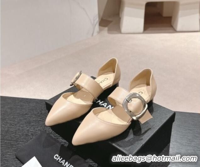 Best Product Chanel Calfskin Mary Janes Ballet Flat with Strap Buckle Beige 601072