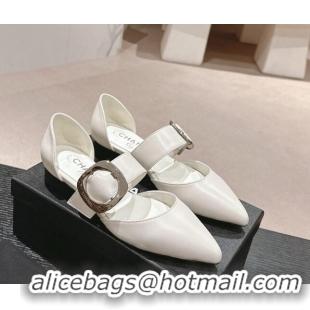 Most Popular Chanel Calfskin Mary Janes Ballet Flat with Strap Buckle White 601073