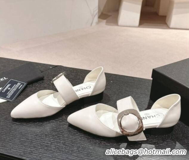 Most Popular Chanel Calfskin Mary Janes Ballet Flat with Strap Buckle White 601073