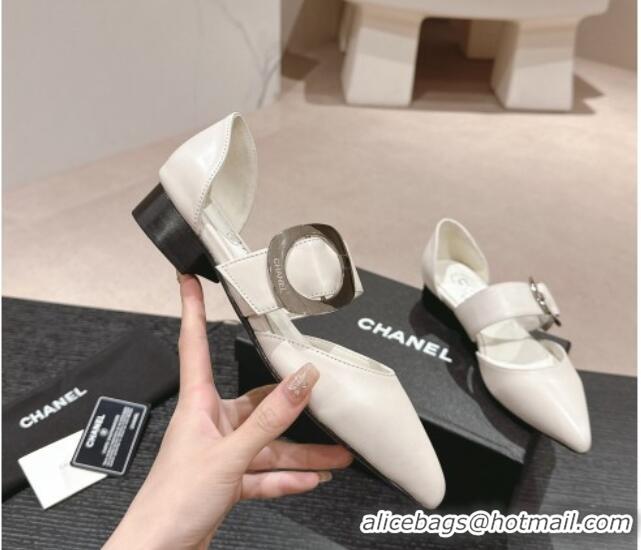 Most Popular Chanel Calfskin Mary Janes Ballet Flat with Strap Buckle White 601073