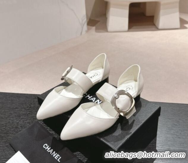 Most Popular Chanel Calfskin Mary Janes Ballet Flat with Strap Buckle White 601073