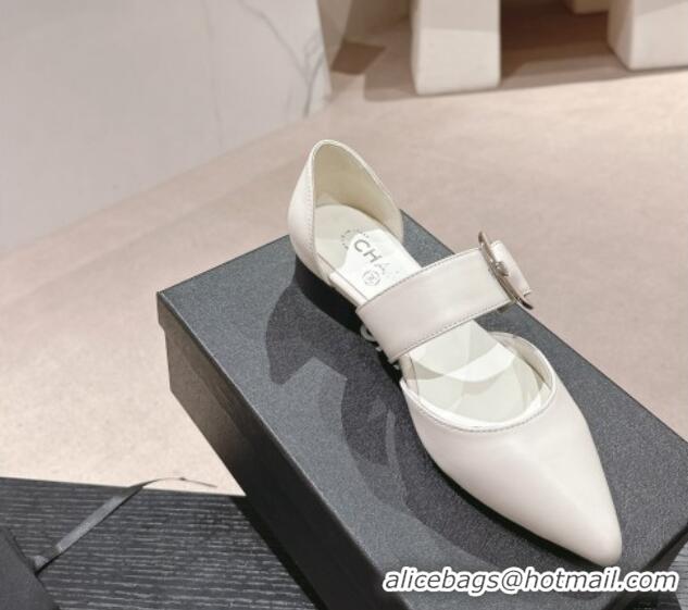 Most Popular Chanel Calfskin Mary Janes Ballet Flat with Strap Buckle White 601073