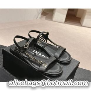 Low Price Chanel Lambskin Flat Sandals with Chain Strap Black 601074