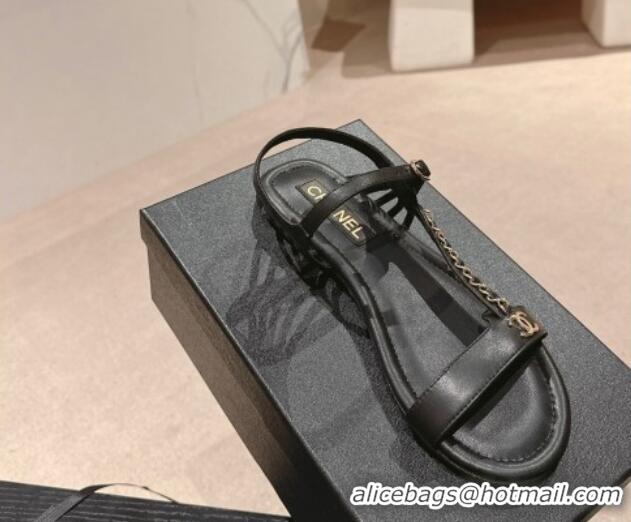 Low Price Chanel Lambskin Flat Sandals with Chain Strap Black 601074