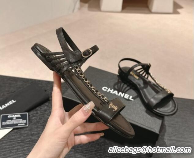 Low Price Chanel Lambskin Flat Sandals with Chain Strap Black 601074