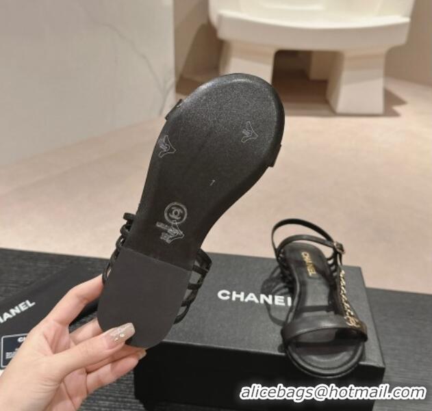 Low Price Chanel Lambskin Flat Sandals with Chain Strap Black 601074