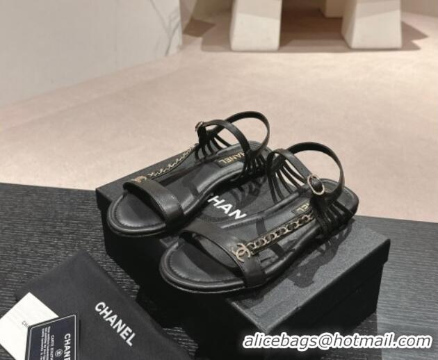 Low Price Chanel Lambskin Flat Sandals with Chain Strap Black 601074