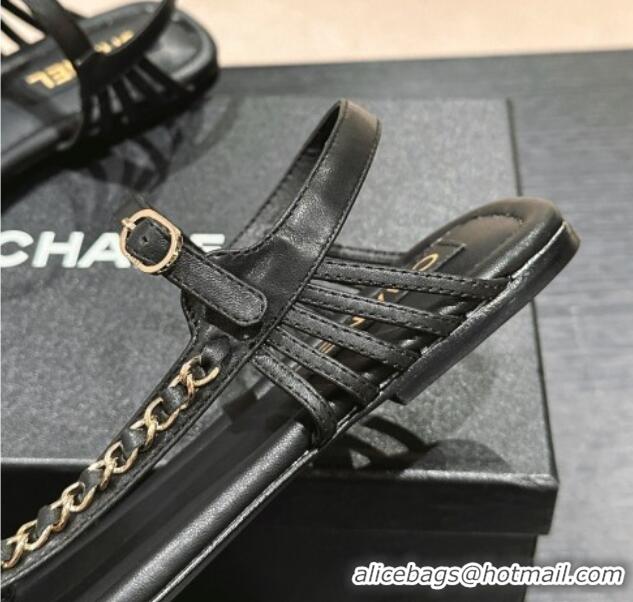 Low Price Chanel Lambskin Flat Sandals with Chain Strap Black 601074